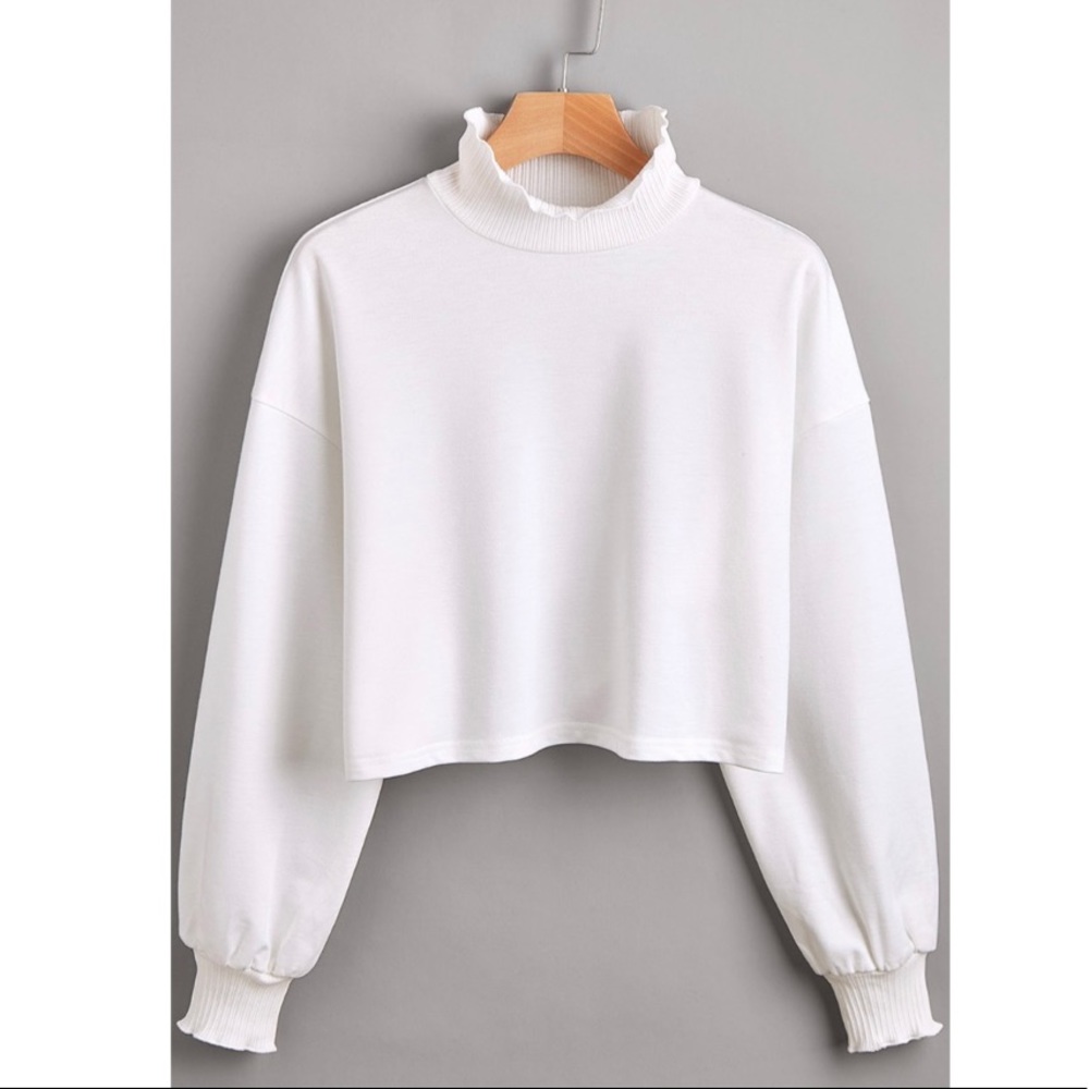 White Ruffled Neck Crop Top